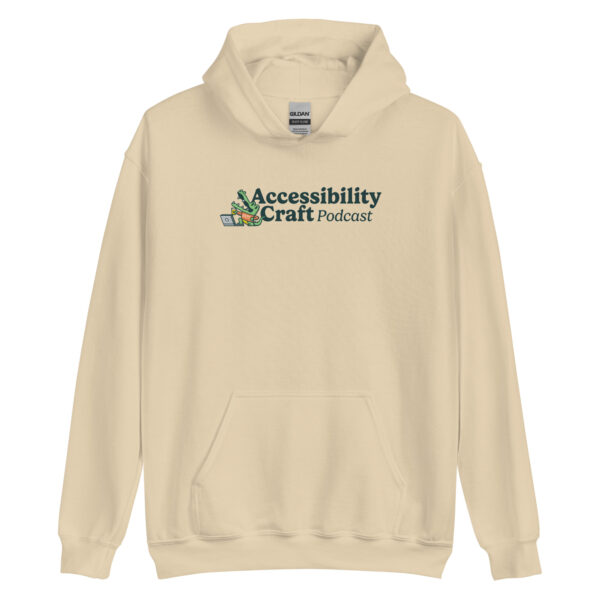 Tan hoodie with pocket and the Accessibility Craft podcast logo, which includes an alligator wearing a t-shirt with "a11y" on it with a laptop and beer glass.