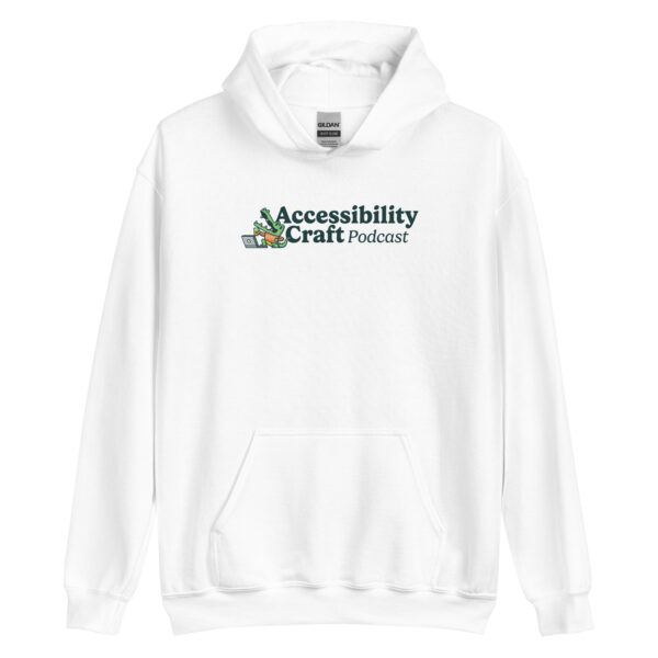 White hoodie with pocket and the Accessibility Craft podcast logo, which includes an alligator wearing a t-shirt with "a11y" on it with a laptop and beer glass.