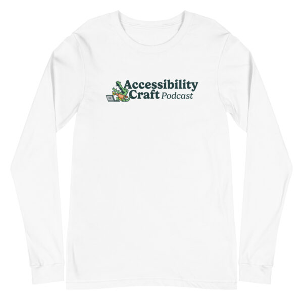 White long-sleeve t-shirt with the Accessibility Craft podcast logo, which includes an alligator wearing a t-shirt with "a11y" on it with a laptop and beer glass.