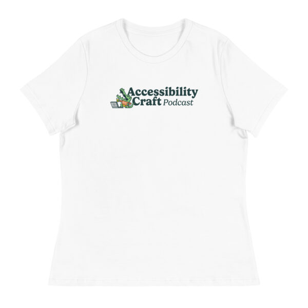 White woman's t-shirt with the Accessibility Craft podcast logo, which includes an alligator wearing a t-shirt with "a11y" on it with a laptop and beer glass.